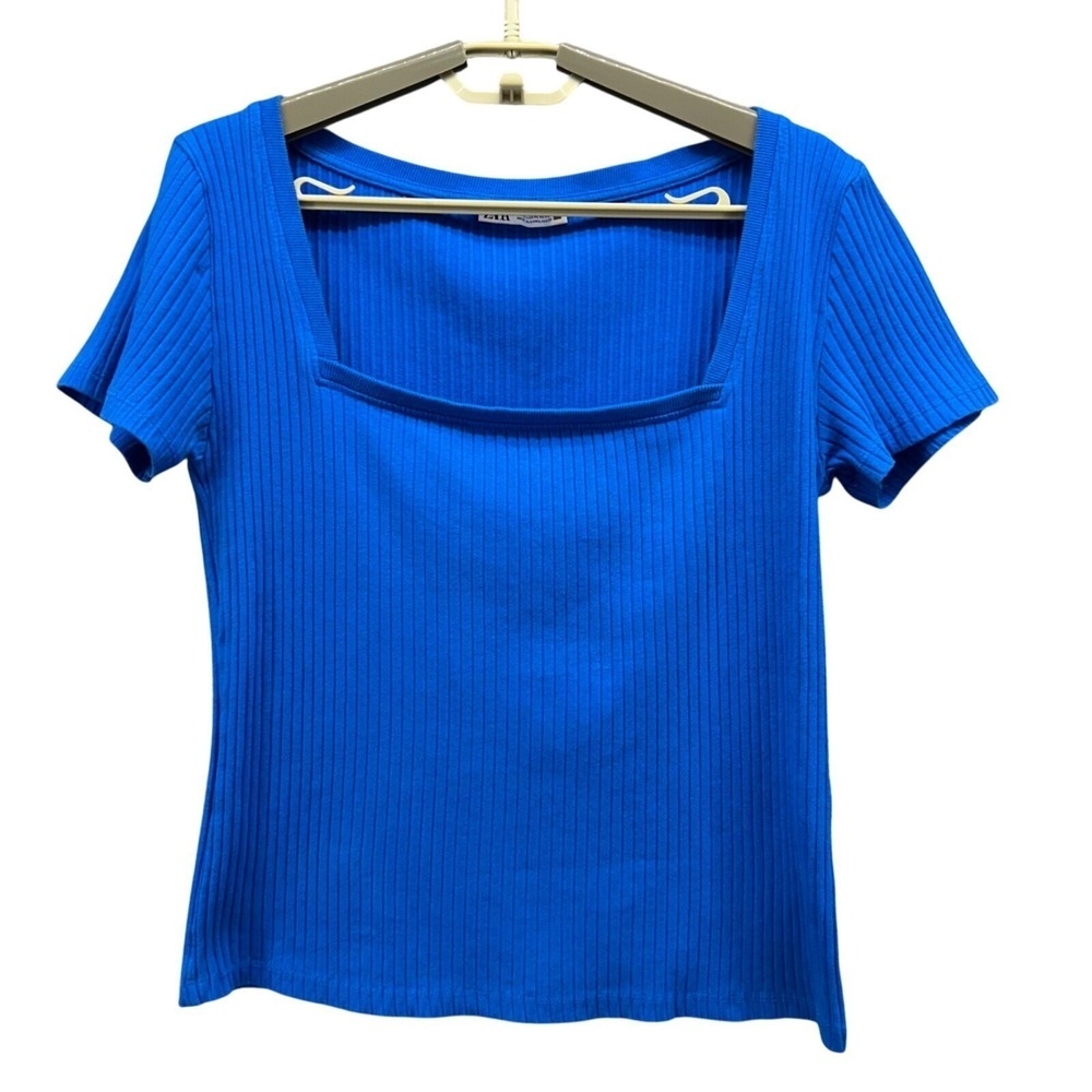 Zara Top XL Royal Blue Ribbed Knit Nautical Coastal Simple Basic Elevated Casual